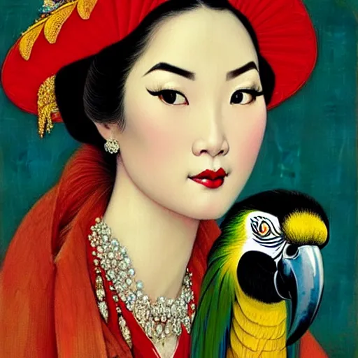 Prompt: close up portrait of the elegantly beautiful, sophisticated, slender rich vietnamese queen and her macaw parrot. intricate eye detail focus, baroque, batik, by norman rockwell, range murata jeremy lipking, trending on pinterest, vivid 8 k, sharp depth of field, pristine global illumination, smooth, 3 d.