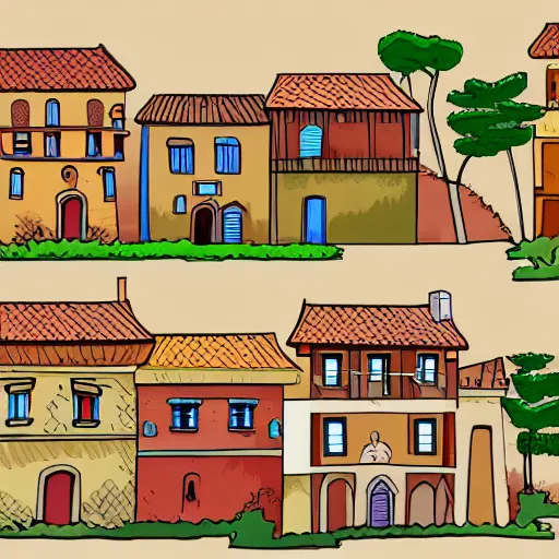 Prompt: A Spanish village. Vector design, Tileable horizontally, Symetric.