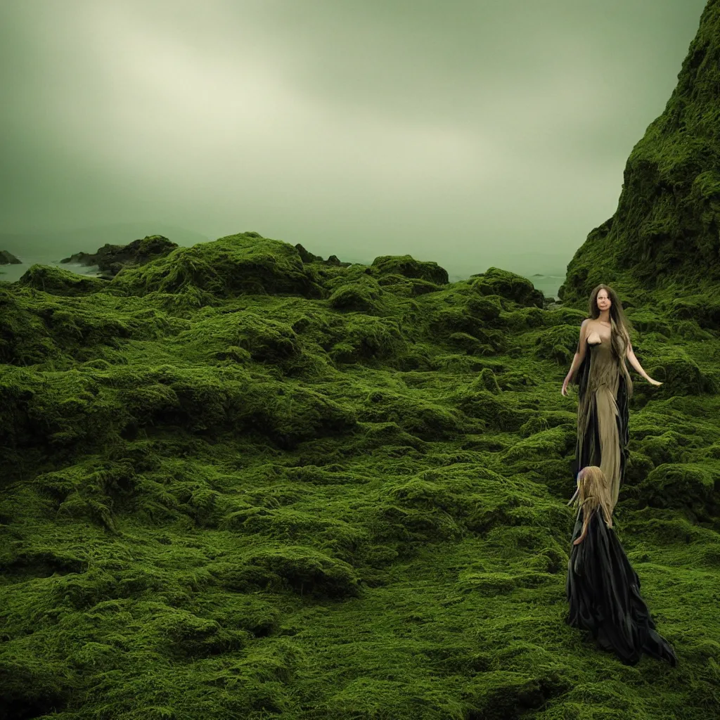 Prompt: dark and moody 1 9 7 0's artistic spaghetti western film in color, a woman in a giant billowing wide long flowing waving green dress, standing inside a green mossy irish rocky scenic landscape, crashing waves and sea foam, volumetric lighting, backlit, moody, atmospheric, fog, extremely windy, soft focus