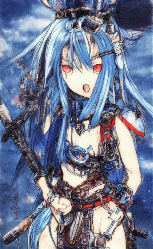Prompt: little angry girl with blue hair, warrior dress, by Yoshitaka Amano