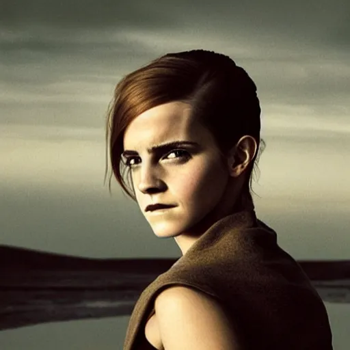 Image similar to Emma Watson as a bene-gesserit, ominous, brooding, dark, detailed, portrait by Annie leibovitz