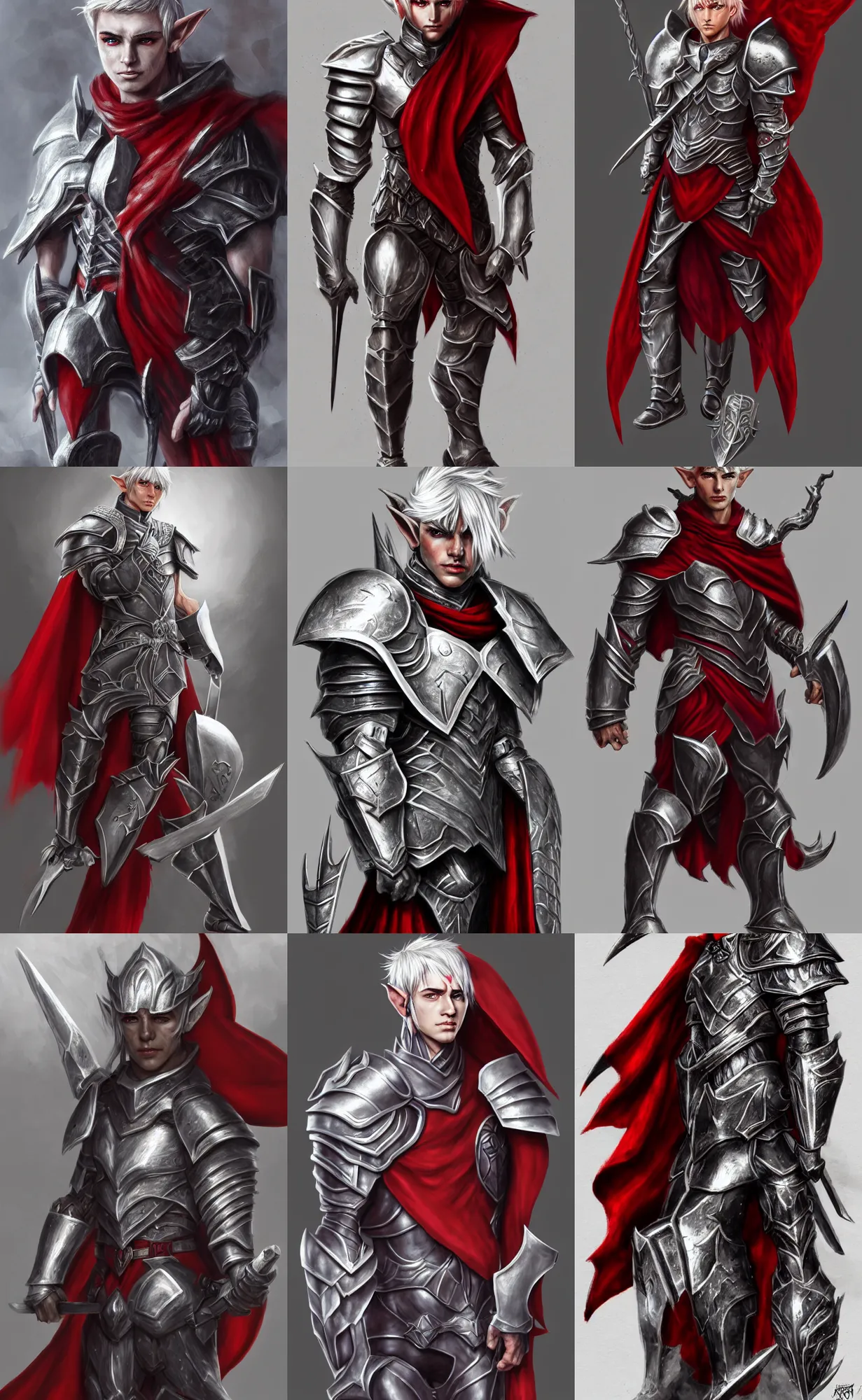Prompt: A male elf, 20 years old, short silver hair, red eyes, wearing heavy armor with cape, lean but muscular, attractive, command presence, royalty, weathered face, gritty, hard shadows, smooth, illustration, concept art, highly detailed, muscle definition, ArtStation, ArtStation HQ