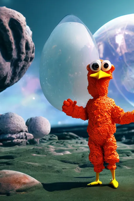 Image similar to a lonely chicken wearing a space suit without helmet in a alien planet, profile picture, digital art, concept art, trending on DeviantArt, highly detailed, high quality, 4K, cartoon, high coherence, path traced, blue sky in the background, octane render, digital painting, no helmet, masterpiece, anatomically correct