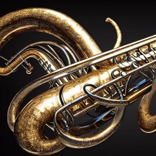 Image similar to hyperrealistic mixed media image of a saxophone cephalopod, stunning 3 d render inspired art by greg rutkowski and xiang duan and thomas eakes, perfect symmetry, realistic, highly detailed attributes and atmosphere, dim volumetric cinematic lighting, 8 k octane extremely hyper - detailed render, post - processing, masterpiece,