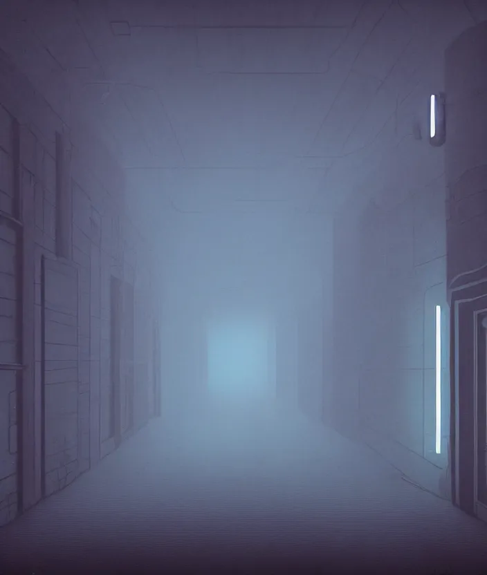 Prompt: a dark hallway, at the end there is a mysterious illuminated door with a neonsign in the style of simon stalenhag