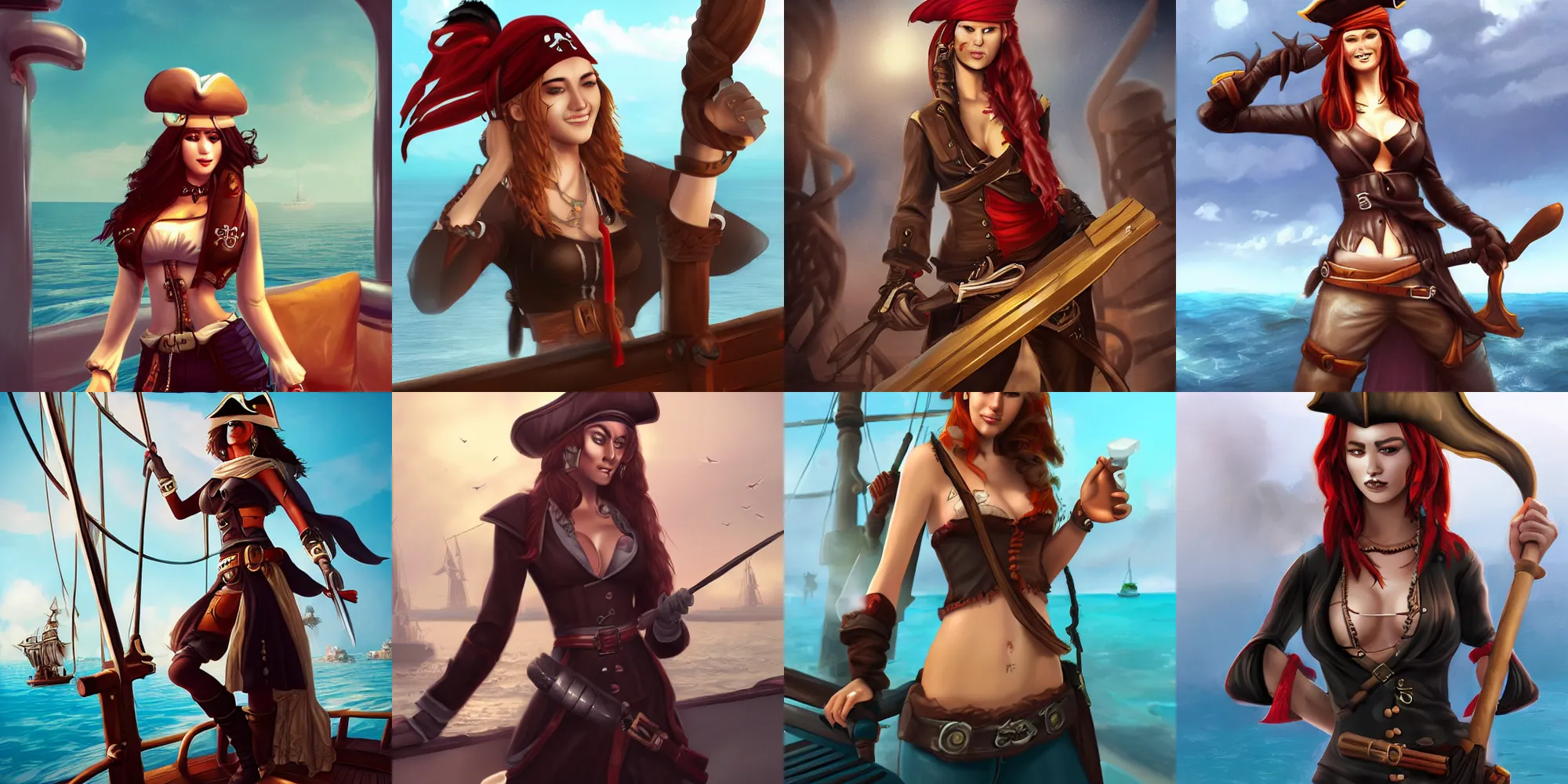 Prompt: female pirate on ship, trending on artstation, cover page
