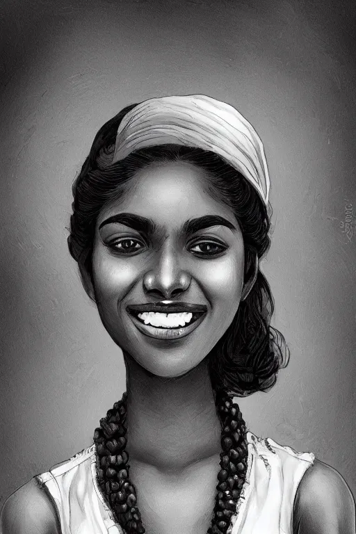Prompt: A bust of a beautiful black skinned Sri Lankan girl with smiling lips and smooth eyebrows and straight hair, HD, illustration, epic, fantasy, intricate, elegant, amazing detail, digital painting, artstation, concept art, smooth, sharp focus, illustration, art by Turine Tran