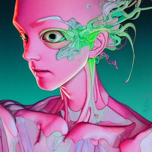 Image similar to prompt : pink and green portrait soft light painted by james jean and katsuhiro otomo and erik jones, inspired by evangeleon anime, smooth face feature, intricate oil painting, high detail illustration, sharp high detail, manga and anime 1 9 9 0