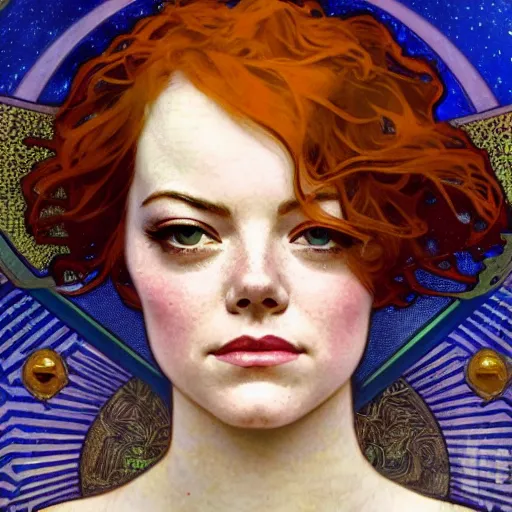 Image similar to emma stone portrait by louis - theophile hingre and alphonse mucha, hyperrealistic, sharp focus, zodiac signs, tarot cards, planets, ethereal, art nouveau, magic, moon, sun, crown, dreamy