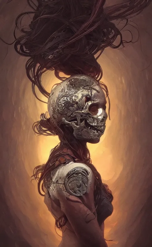 Prompt: portrait of a dark girl with skull poking through , surreal, intricate, headshot, highly detailed, digital painting, artstation, concept art, cinematic lighting, illustration, art by artgerm and greg rutkowski, alphonse mucha, cgsociety, science fiction