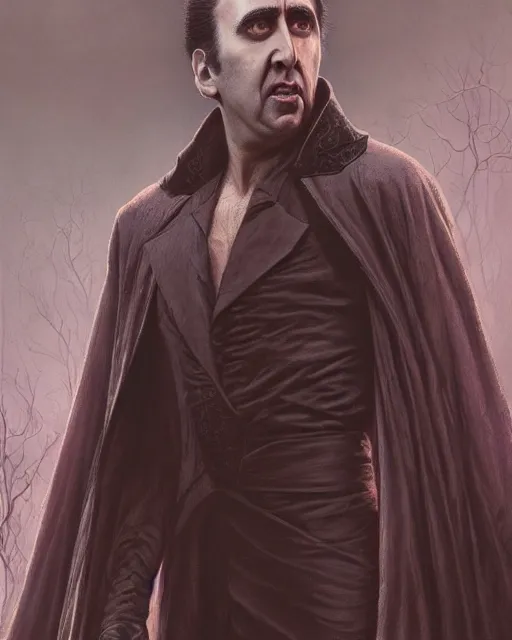 Image similar to nicolas cage as dracula, fangs, highly detailed, centered, artstation, concept art, smooth, sharp focus, illustration, bokeh art by artgerm and donato giancola and joseph christian leyendecker zdzisław beksinski