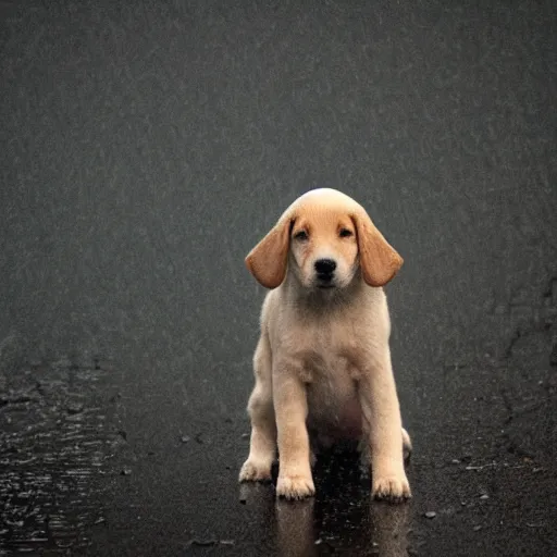 Image similar to a very sad puppy in the rain, lonely, scared, moody lighting