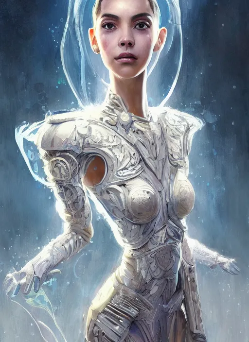 Image similar to a professional painting of a beautiful young female alien, clothed in ethereal armor, olive skin, long dark hair, beautiful bone structure, symmetrical facial features, intricate, elegant, digital painting, concept art, smooth, sharp focus, illustration, from Valerian and the City of a Thousand Planets, by Ruan Jia and Mandy Jurgens and Artgerm and William-Adolphe Bouguerea