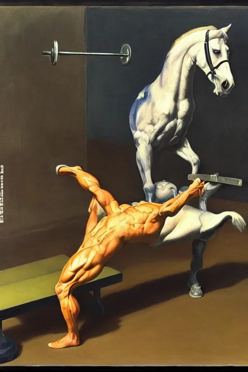 Image similar to , astronaut bodybuilder doing bench press with a horse instead of a dumbbell astronaut bodybuilder doing bench press with horse instead of dumbbell, hauntingly surreal, highly detailed painting by francis bacon, edward hopper, adrian ghenie, gerhard richter, and james jean soft light 4 k,