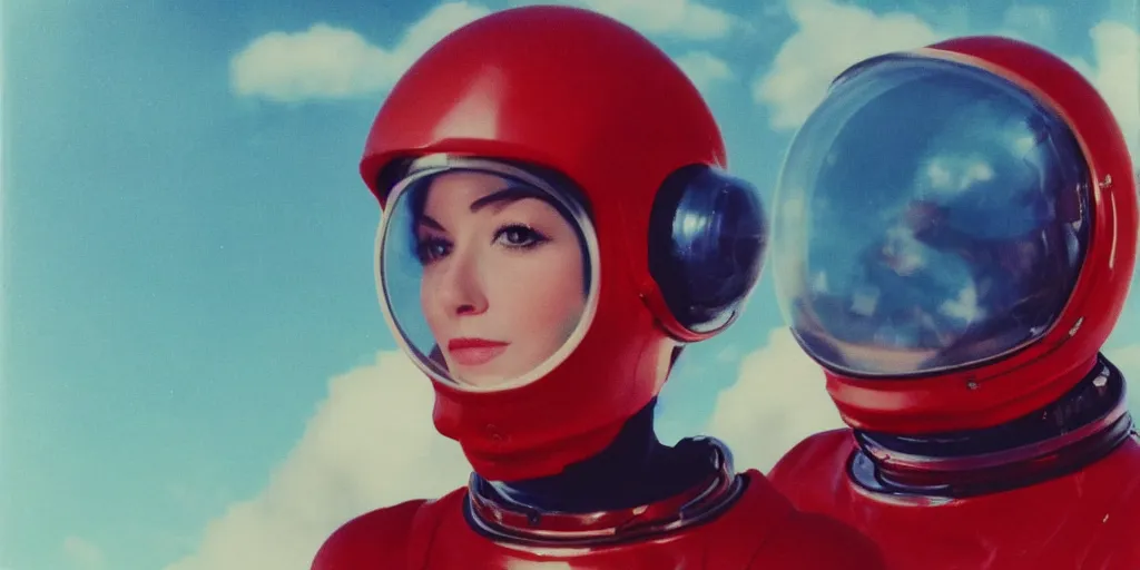 Image similar to vintage polaroid portrait of a beautiful woman wearing a space helmet, detailed clouds, 8k, unreal engine, warm azure tones, red color bleed, film grain