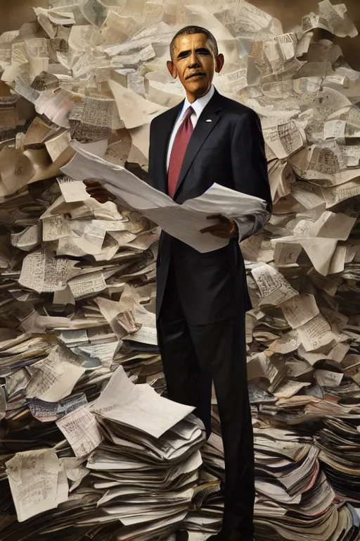 Image similar to obama standing next to a mountain of papers, oil on canvas, intricate, portrait, 8 k highly professionally detailed, hdr, cgsociety