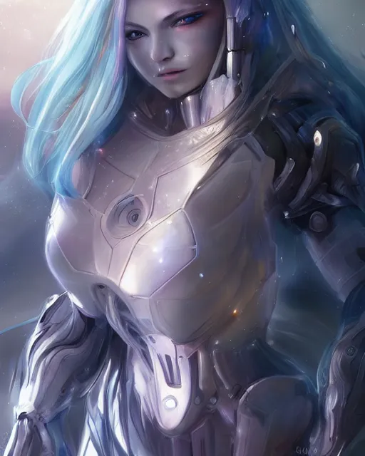 Prompt: perfect android girl on a mothership, warframe armor, beautiful face, scifi, futuristic, galaxy, nebula, raytracing, dreamy, digital painting, long white hair, blue cyborg eyes, sharp focus, intricate, highly detailed, artstation, intricate, innocent, art by gauthier leblanc, kazuya takahashi, huifeng huang