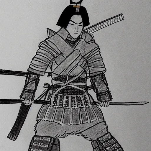 Image similar to A drawing of a samurai warrior, sword drawn ::