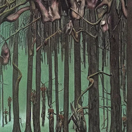 Prompt: wide shot, a squad of dead American Soldiers hung mid-air on trees, deep in the thick forest, painting, colored, eerie, Lovecraftian, eldritch horror, 1967