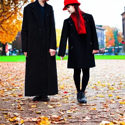 Image similar to A thin man in a black coat and bowler hat talks with small young girl dressed in a red coat and a red hat, park, autumn, Berlin, in style of Henry Matisse , wide angle, high detail, width 768