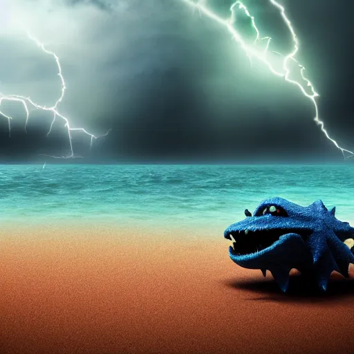 Image similar to nightmare monster emerging from sea surface, but monster is dendritic, thunderstorm in background, ultra realistic, raytracing, color