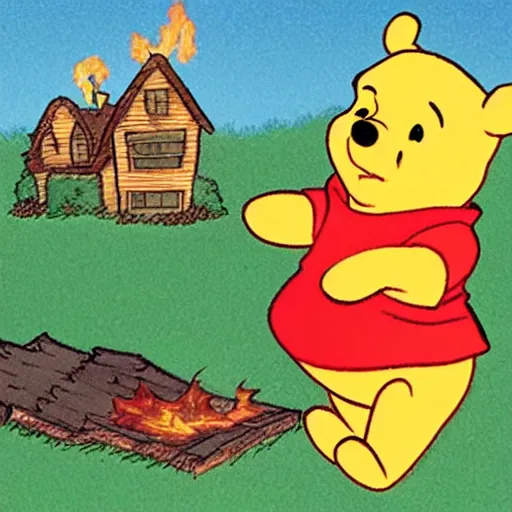 Prompt: winnie the pooh lighting a house on fire, in the style of winnie the pooh