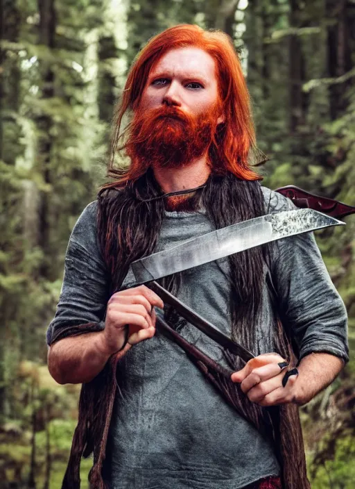 Image similar to grungy redhead 30-something scruffy bearded shoulder-length hair swordsman holding a short curved sword in a ultradetailed pacific northwest redcedar forest, smooth. sharp focus, grunge dingy matte painting detailed,