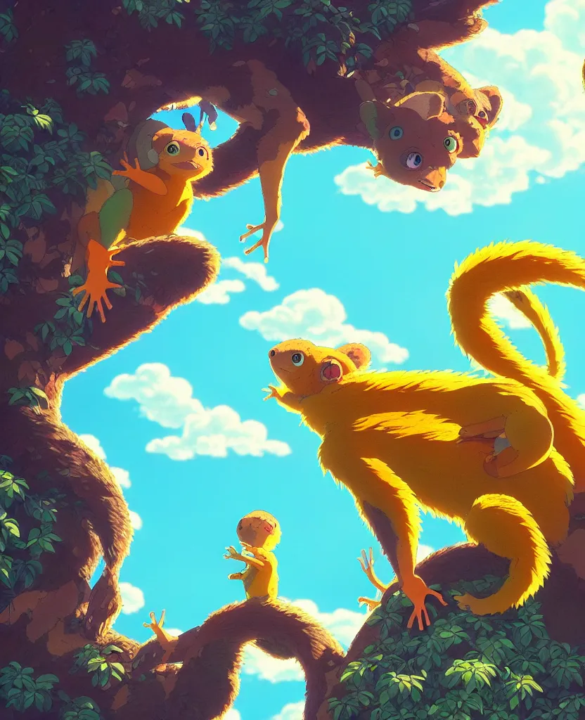 Image similar to beautiful painting from the anime film by studio ghibli, golden hour, backlit, cg society, 8k octane render, cell shading, multi colored geckos, drooling, fur, trending on artstation, by MC Escher