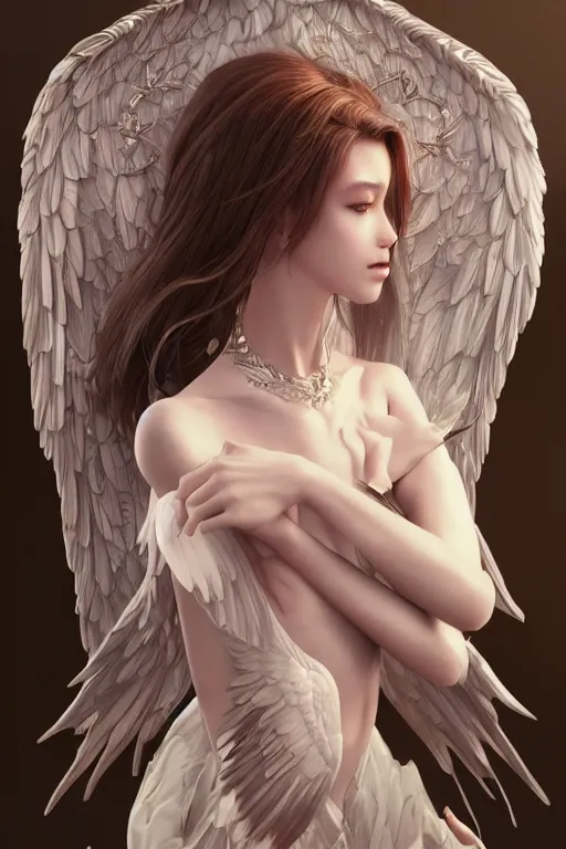 Image similar to beautiful maiden with angelic wings, intricate, elegant, highly detailed, artstation, concept art, illustration, art by Yoshitaka Amano, Sakimichan, Kuvshinov Ilya, tsuaii