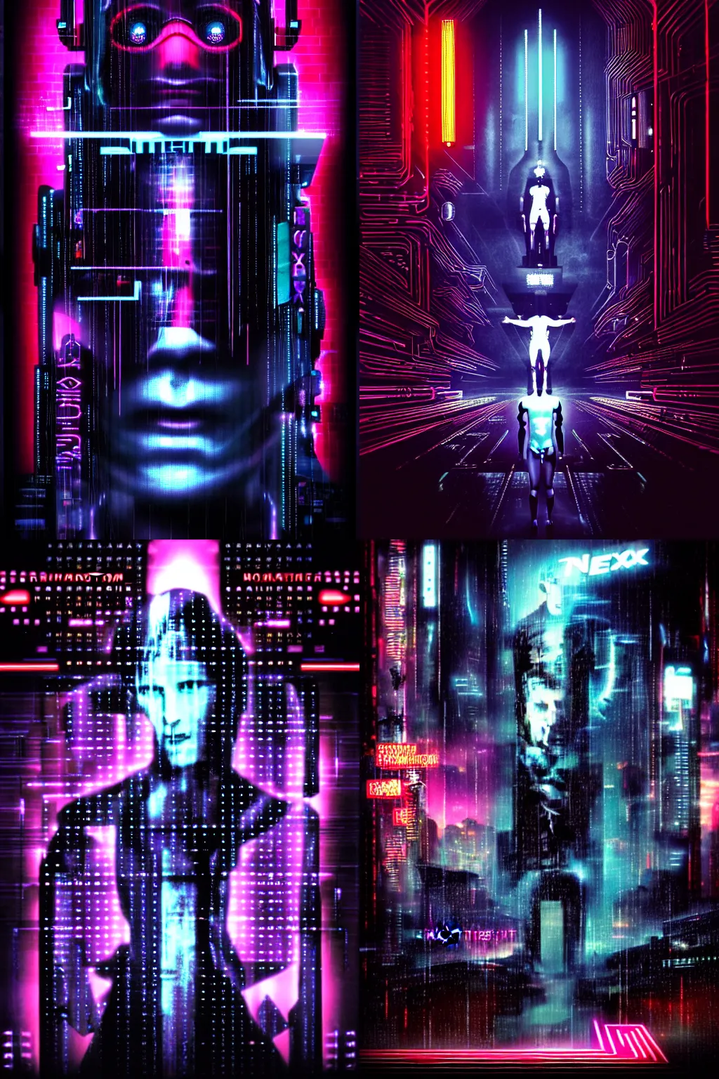 Prompt: cruxifiction of the technochrist, cyberpunk, bladerunner, rain, neon, holy, sacrifice, future, neo testament, video artifacts