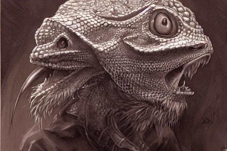 Image similar to 1979 Portrait of a bearded dragon wizard in high fantasy style by Chris Rahn. Trending on r/characterdrawing