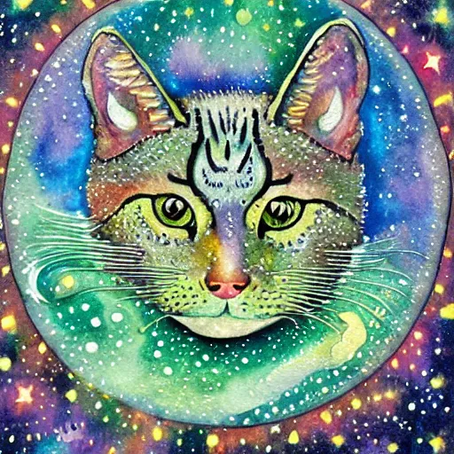 Image similar to a green cat surrounded by galaxies, watercolor by Louis William Wain,