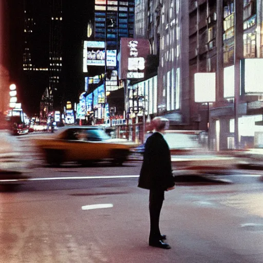 Prompt: analog medium format bokeh night flash portrait in new york, 1 9 6 0 s, high - key colourful photography, photographed on expired film, detailed photograph