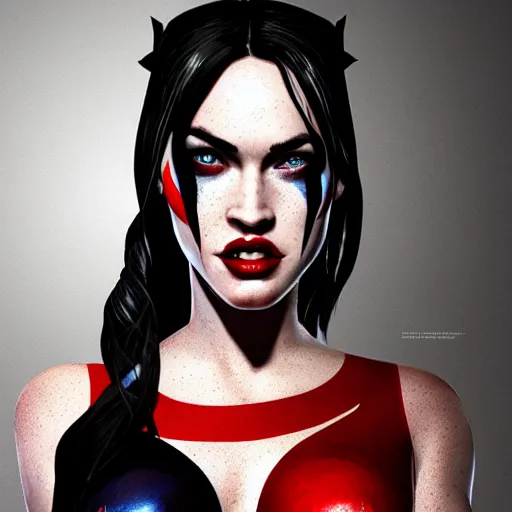 Image similar to portrait of megan fox as harley quinn, au naturel, hyper detailed, digital art, trending in artstation, cinematic lighting, studio quality, smooth render, unreal engine 5 rendered, octane rendered, art style by klimt and nixeu and ian sprigger and wlop and krenz cushart.