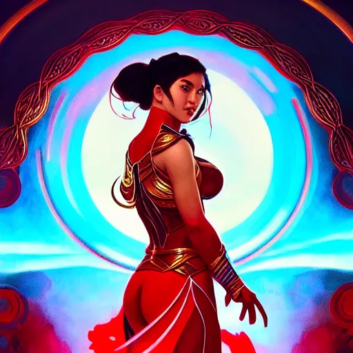 Image similar to kathlyn bernardo as darna, volumetric lights, red and cyan theme, art nouveau botanicals, intricate, highly detailed, digital painting, artstation, concept art, smooth, sharp focus, cinematic, illustration, beautiful face, art by artgerm and greg rutkowski and alphonse mucha