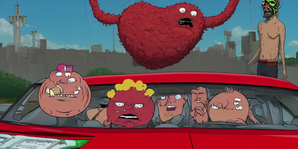 Image similar to Live action Aqua teen hunger force movie, meatwad is driving a tesla, Greg Rutkowski, Darek Zabrocki, Karlkka, Jayison Devadas, Phuoc Quan, trending on Artstation, 8K, ultra wide angle, pincushion lens effect.