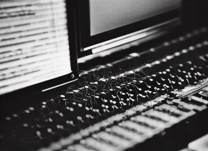 Prompt: a 3 5 mm photo from the back of a computer programmer writing code in the 1 9 9 0's, bokeh, canon 5 0 mm, cinematic lighting, film, photography, depth of field, award - winning
