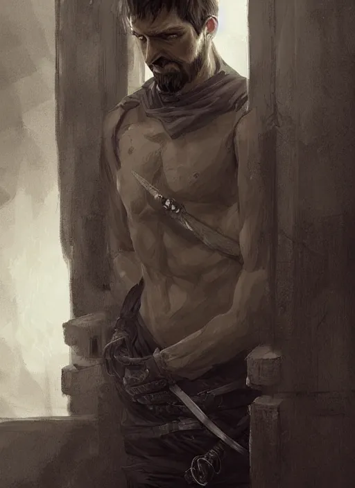 Image similar to a sick male prisoner peeking through prison bars, elegant, digital painting, concept art, very stylized, smooth, sharp focus, illustration, dark, from Game of Thrones by Ruan Jia and Mandy Jurgens and Artgerm and William-Adolphe Bouguerea