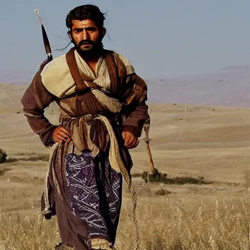 Image similar to Kurdish Kurdish shepherd wearing Kurdish Kurdish clothes in a movie directed by Christopher Nolan, movie still frame, promotional image, imax 70 mm footage