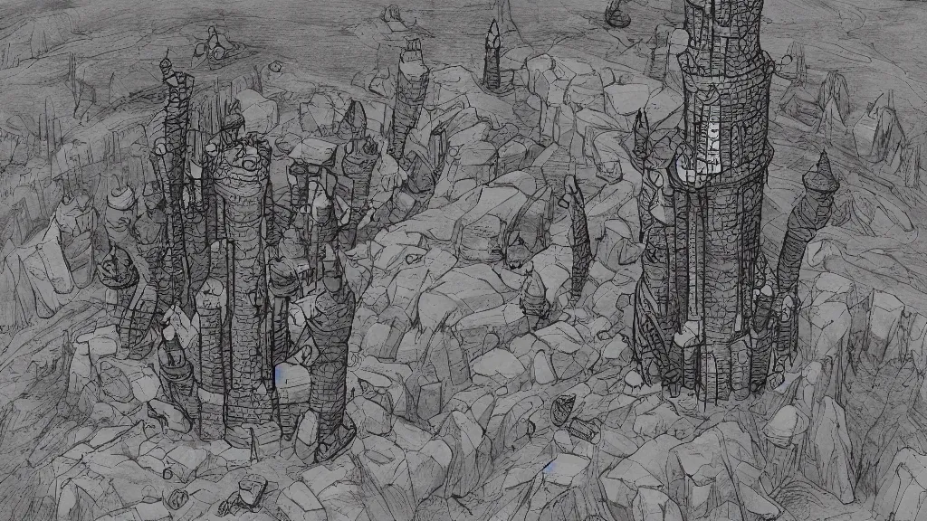 Image similar to Aerial view of a wizard tower next to a few mines and a few caves, lineart, colored