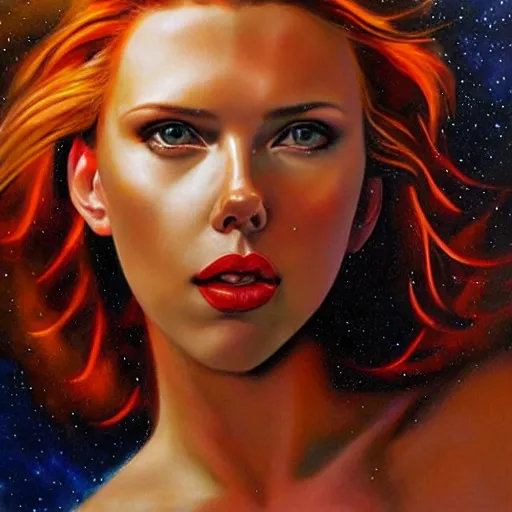 Image similar to Scarlett Johansson running from falling comets towards the camera, very very very epic painting by Julie Bell