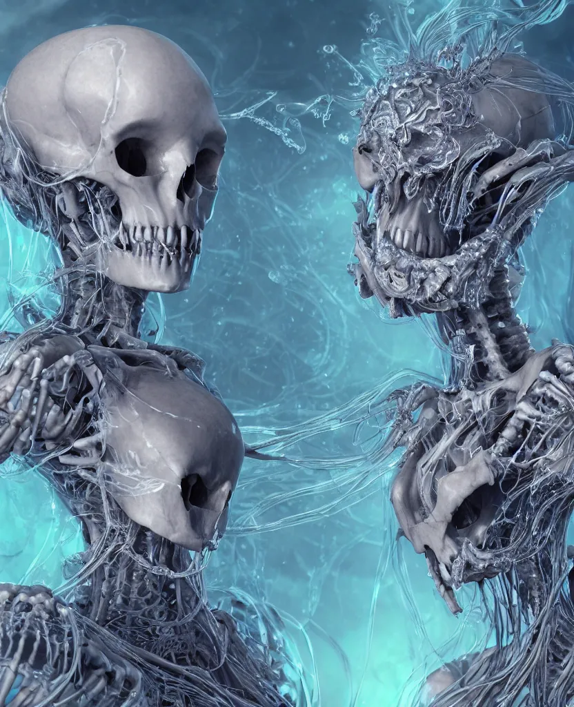 Image similar to close-up macro portrait of the face of a beautiful princess with animal skull mask, epic angle and pose ribcage skeleton, symmetrical artwork, 3d with depth of field, blurred background, cybernetic jellyfish female face skull phoenix bird, translucent, nautilus, energy flows of water and fire. a highly detailed epic cinematic concept art CG render. made in Maya, Blender and Photoshop, octane render, excellent composition, cinematic dystopian brutalist atmosphere, dynamic dramatic cinematic lighting, aesthetic, very inspirational, arthouse. y Greg Rutkowski, Ilya Kuvshinov, WLOP, Stanley Artgerm Lau, Ruan Jia and Fenghua Zhong