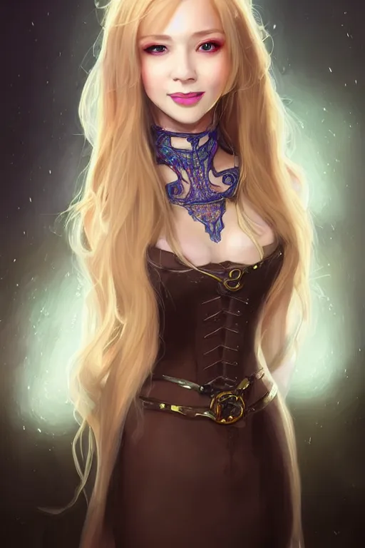 Image similar to portrait of a gorgeous young female artificer, looking at camera, D&D, choker on neck, stylish dress, mouth slightly open, cute slightly nerdy smile, very long flowing hair, intricate, elegant, stylish, fantasy, extremely detailed, digital painting, artstation, concept art, smooth, sharp focus, illustration, stunning lighting, art by artgerm and greg rutkowski and alphonse mucha and simon stalenhag