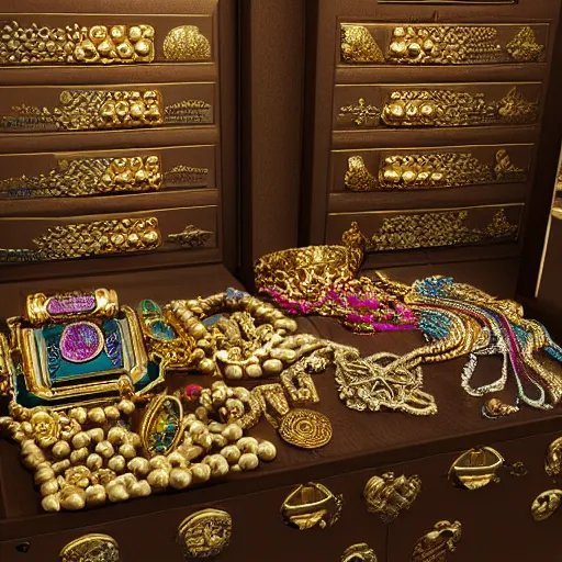 Image similar to A Ayleid chest filled with jewels and golden artefacts, 4k, hdri, museum quality photo