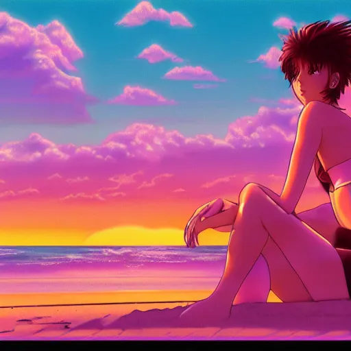 Image similar to girl laying in the sand next to ocean in sunset, sprite, vaporwave nostalgia, visual novel cg, 8 0 s anime vibe, kimagure orange road, yu - no, initial d, drawn by by commodore 6 4, wallpaper, ultra hd, vlc screenshot