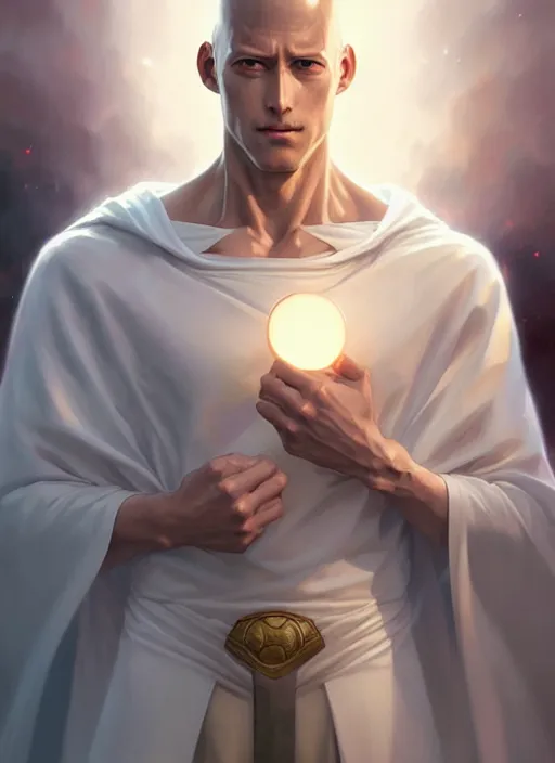 Image similar to ultra realistic illustration, handsome saitama. white cape, intricate, elegant, highly detailed, digital painting, artstation, concept art, smooth, sharp focus, illustration, art by artgerm and greg rutkowski and alphonse mucha and wlop