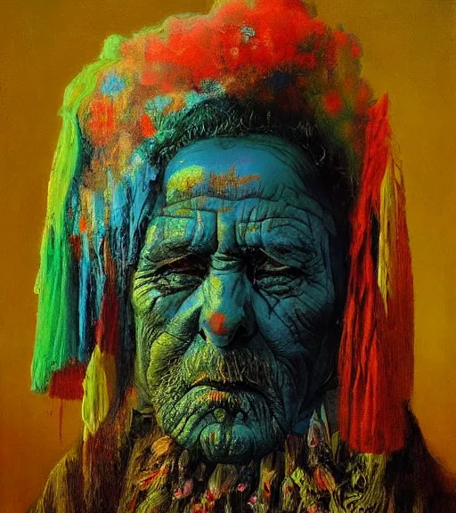 Image similar to Portrait painting in a style of Beksinski of an old shaman dressed in a colorful traditional clothes.