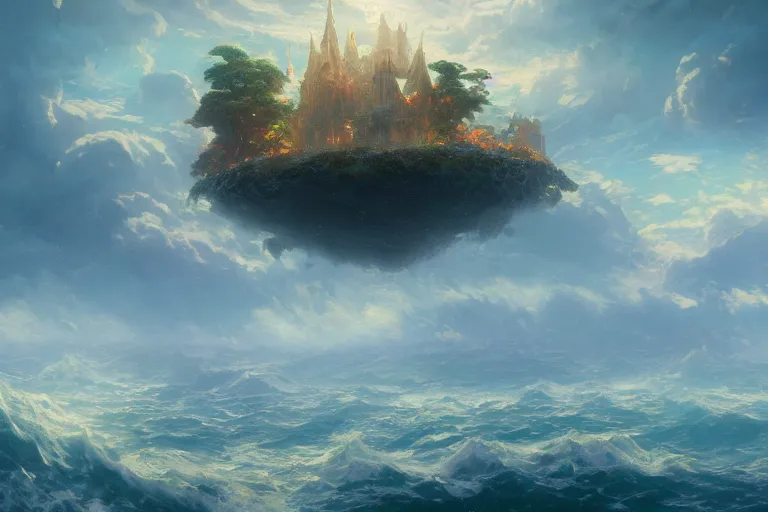 Prompt: above a maelstrom of the sea lies a floating island with gothic buildings, by makoto shinkai thomas kinkade, and james gilleard, wide angle, deviantart, cgsociety, 4 k vertical wallpaper