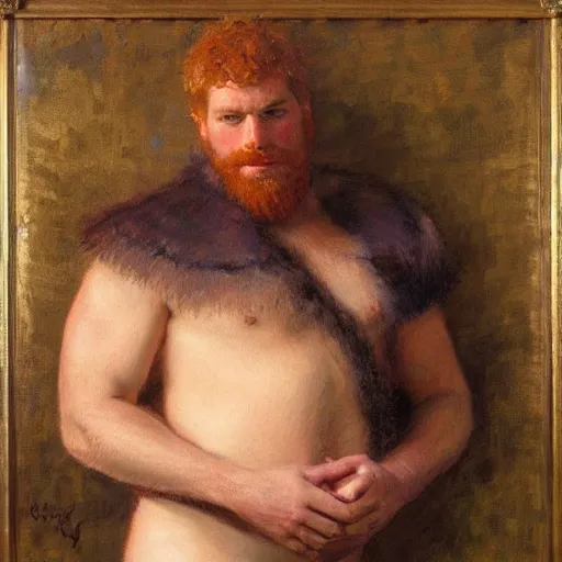 Image similar to a bearded, ginger, hairy man with an husky body type, painting by Gaston Bussiere, Craig Mullins