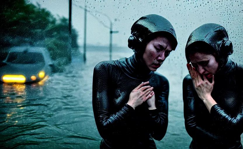 Image similar to cinestill 5 0 d candid photographic portrait by steve mccurry of two loving female androids sobbing wearing rugged black mesh techwear in treacherous waters, flooded city, medium closeup, retrofuturism cyberpunk moody emotional cinematic, pouring iridescent rain bright spotlight helicopter, 8 k, hd, high resolution, 3 5 mm, f / 3 2, ultra realistic faces, ex machina